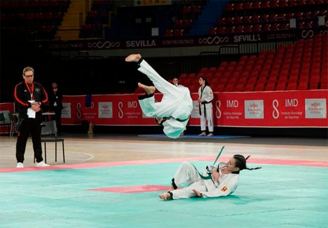 Un llamativo movimiento de Hapkido en el Campeonato de España celebrado en Sevilla.